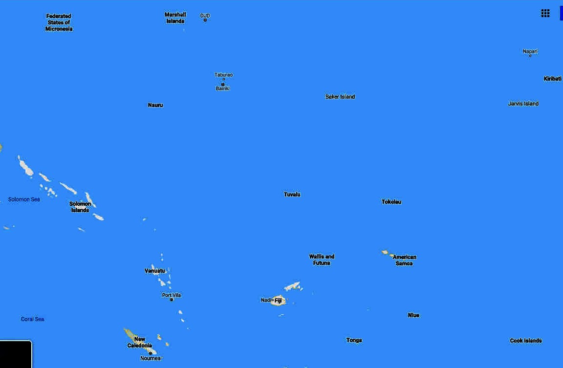 Map of Pacific Ocean including Fiji, Marshall, Solomon, Tuvalu and Vauatu islands 
