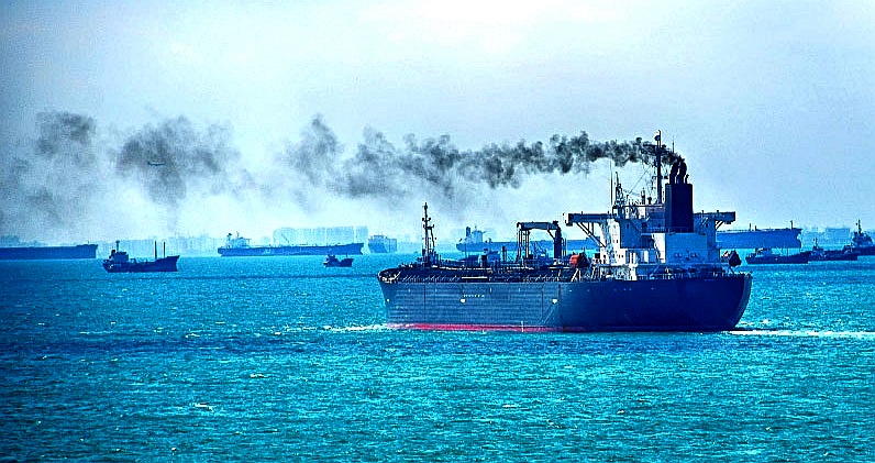 Black carbon dioxide soot emissions sulfur and other greenhouse gas belching from cargo ship