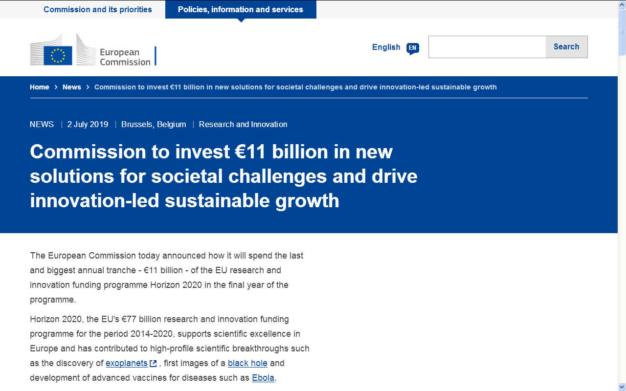 EU Commission to invest eleven billion euros looking for solutions to societal challenges