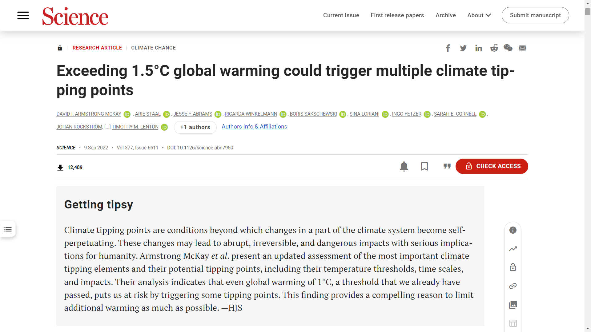 Exceeding 1.5 degrees centigrade global warming could trigger multiple tipping points