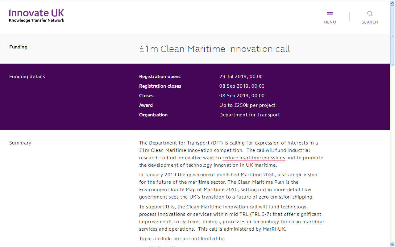 One £1,000,000 million pound maritime innovation call