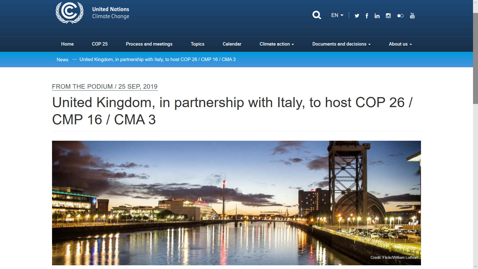 United Kingdom & Italy to host COP26, CMP16, CMA3 November  9-20th 2020