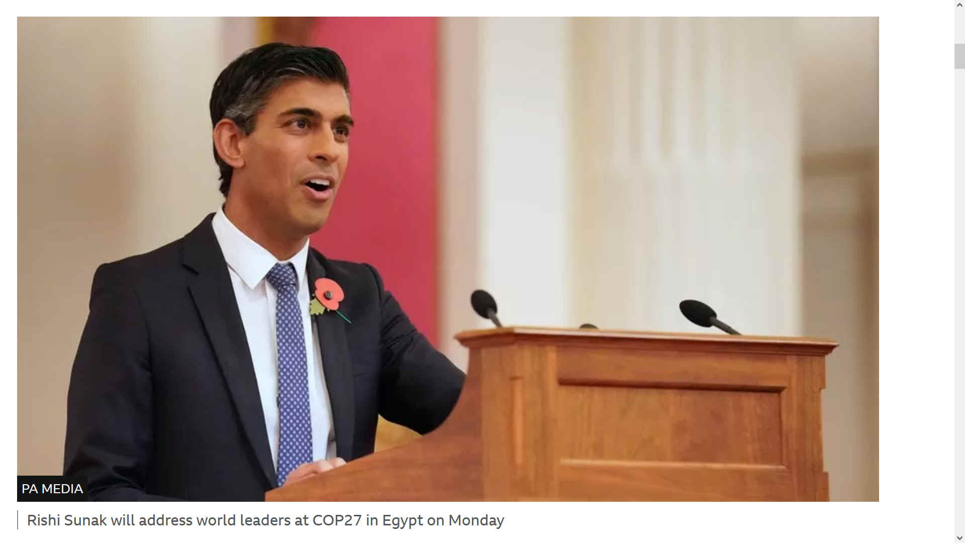Prime Minister UK, Rishi Sunak, will be addressing COP27