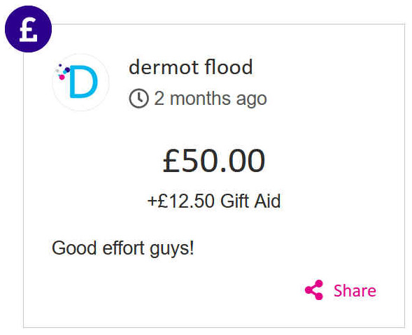 Dermot Flood gave £50 pounds to Jill Finn's race for life