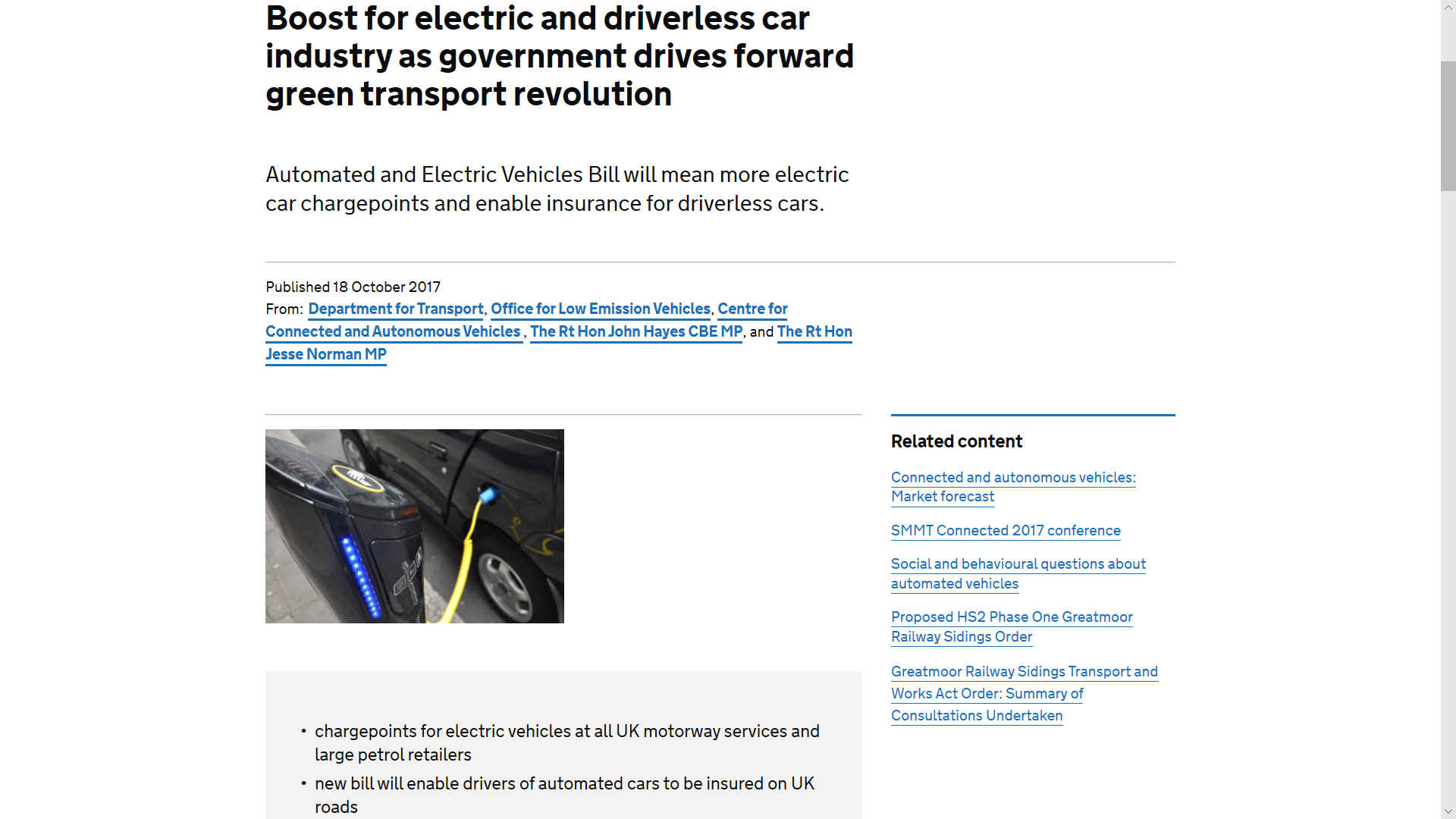 DOT boost for driverless cars and electric vehicles charging points