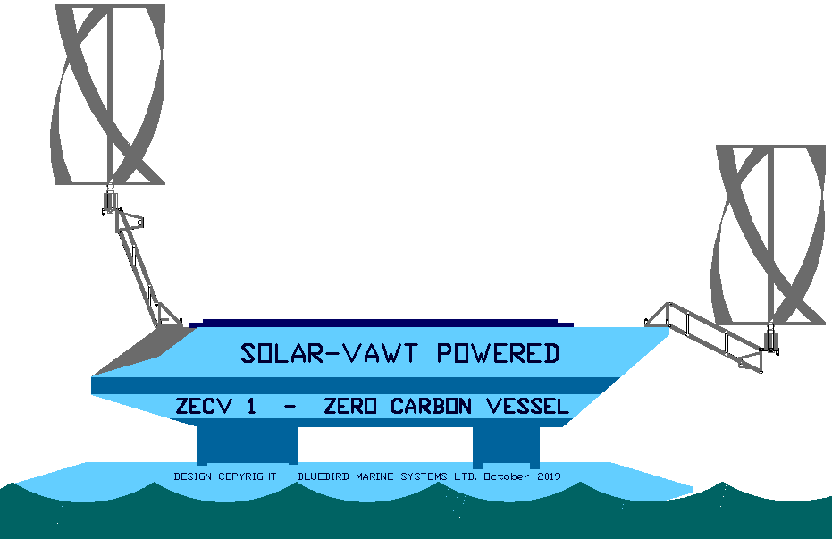 ZECV1 advanced technology solar and wind powered vessel, Design Copyright Bluebird Marine Systems Ltd October 2019
