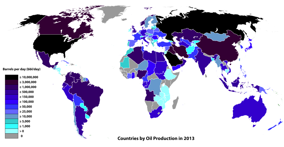 Oil usage map of the world by country in millions of barrels